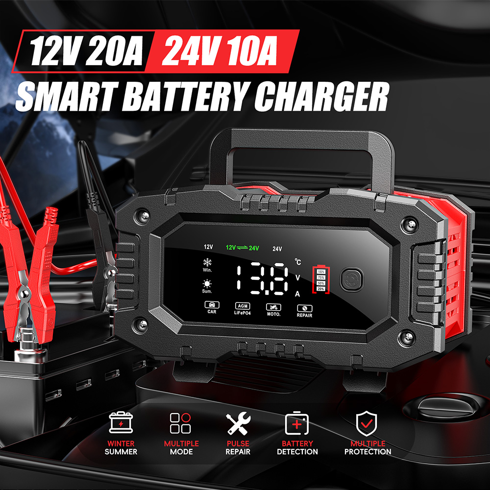 Smart Car Battery Charger 12V 24V 20A - شاحن بطارية FOXSUR 20A/10A للسيارات والدراجات