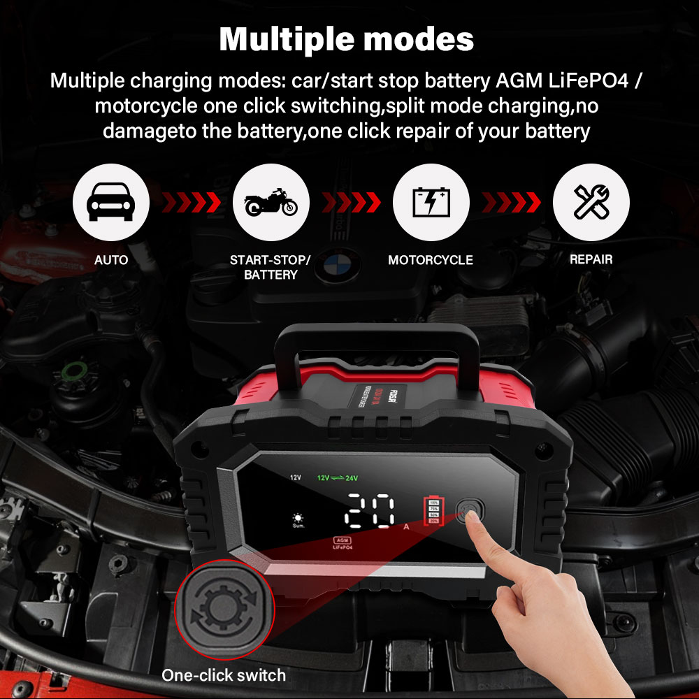 شاحن بطارية للسيارات والدراجات - مراجعة Smart Car Battery Charger 12V 24V 20A وسعره