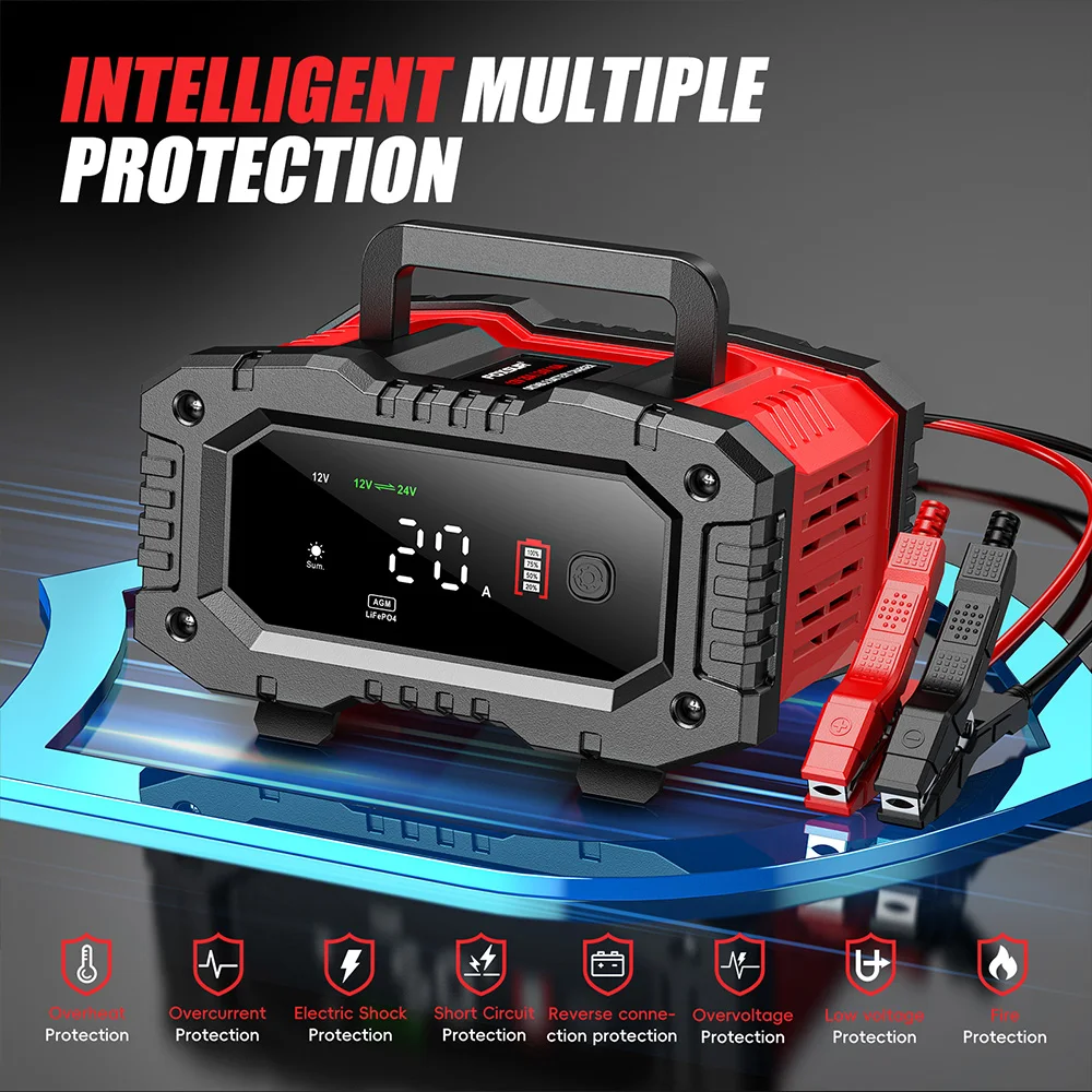 شاحن بطارية FOXSUR 20A/10A للس - مراجعة Smart Car Battery Charger 12V 24V 20A وسعره